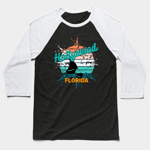 Hollywood Florida Retro Exploding Sunset Baseball T-Shirt by AdrianaHolmesArt